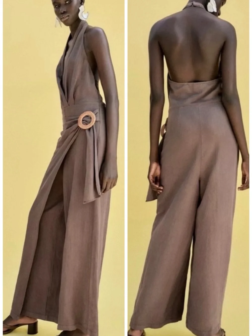 Zara Rami Jumpsuit Halterneck Crossover V-Neck Pareo w Buckle Open Back Brown L